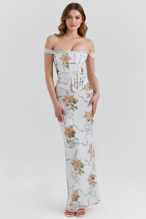 Vestido longo floral sereia Aurora Belmon feminino elegante vintage festa verão
