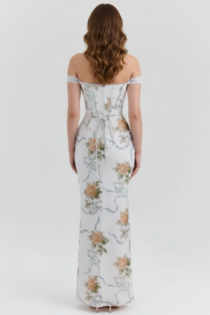 Vestido longo floral sereia Aurora Belmon feminino elegante vintage festa verão
