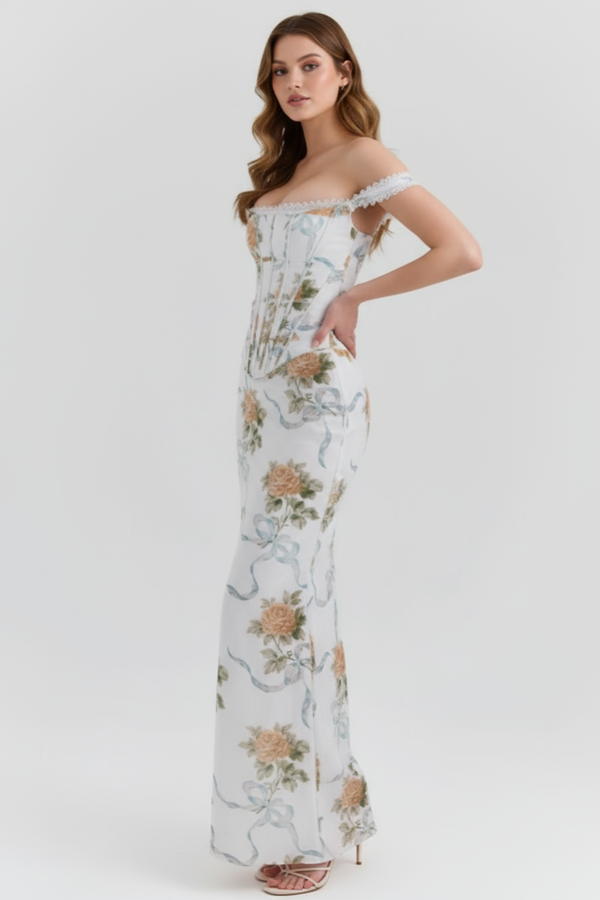 Vestido longo floral sereia Aurora Belmon feminino elegante vintage festa verão
