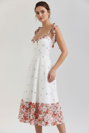 Vestido midi espartilho floral Isabella Belmon feminino elegante festa casual verão
