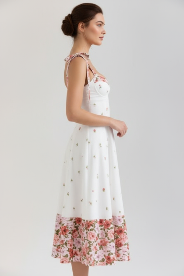 Vestido midi espartilho floral Isabella Belmon feminino elegante festa casual verão
