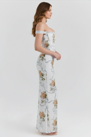 Vestido longo floral sereia Aurora Belmon feminino elegante vintage festa verão
