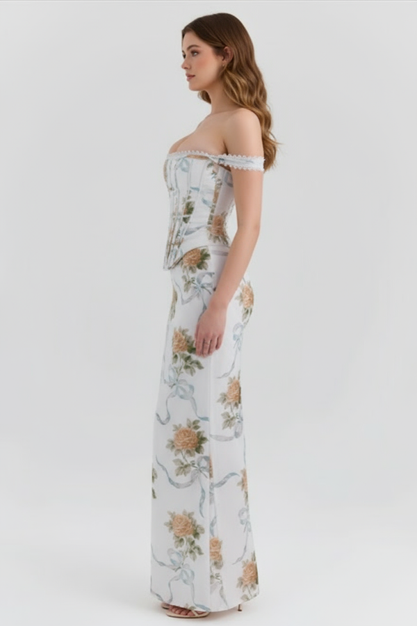 Vestido longo floral sereia Aurora Belmon feminino elegante vintage festa verão
