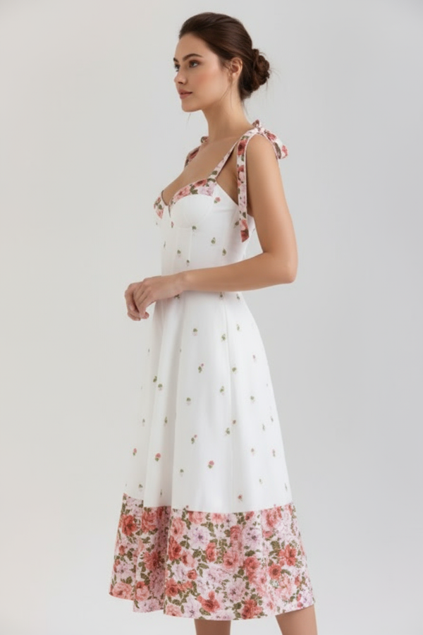 Vestido midi espartilho floral Isabella Belmon feminino elegante festa casual verão
